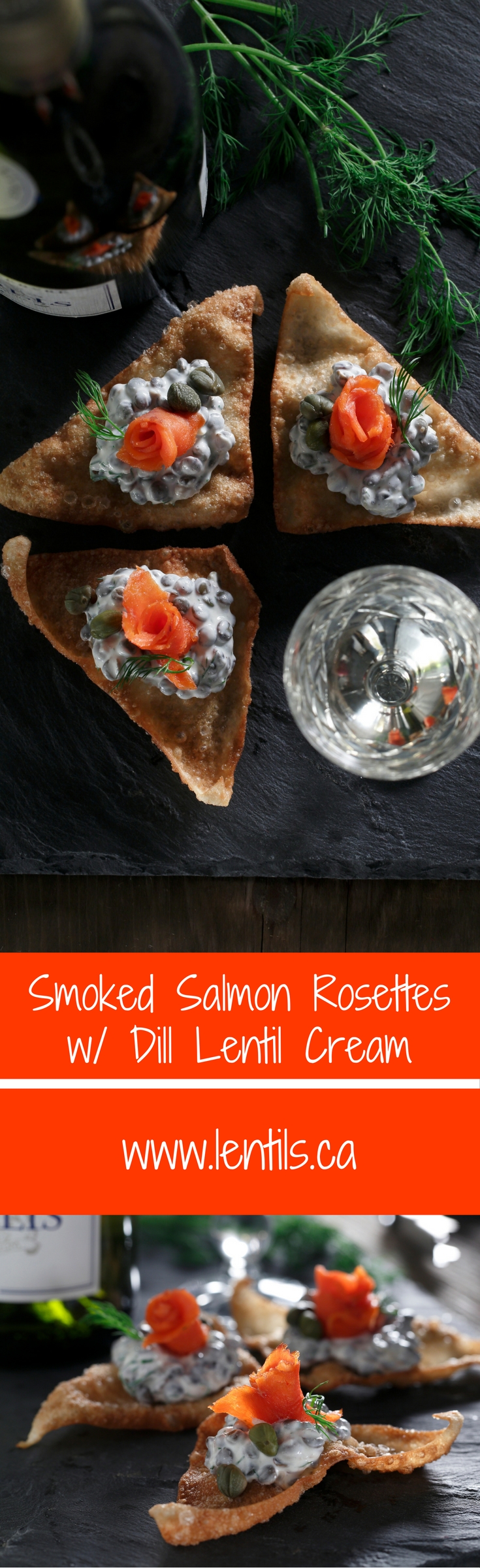 Smoked Salmon Rosettes with Dill Lentil Cream on Crispy Wontons