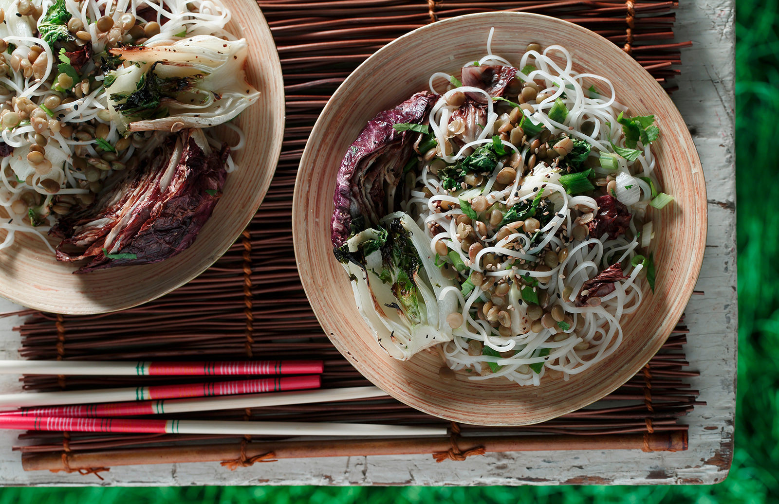 Grilled Radicchio & Bok Choy Salad with Green Lentils & Glass Noodles