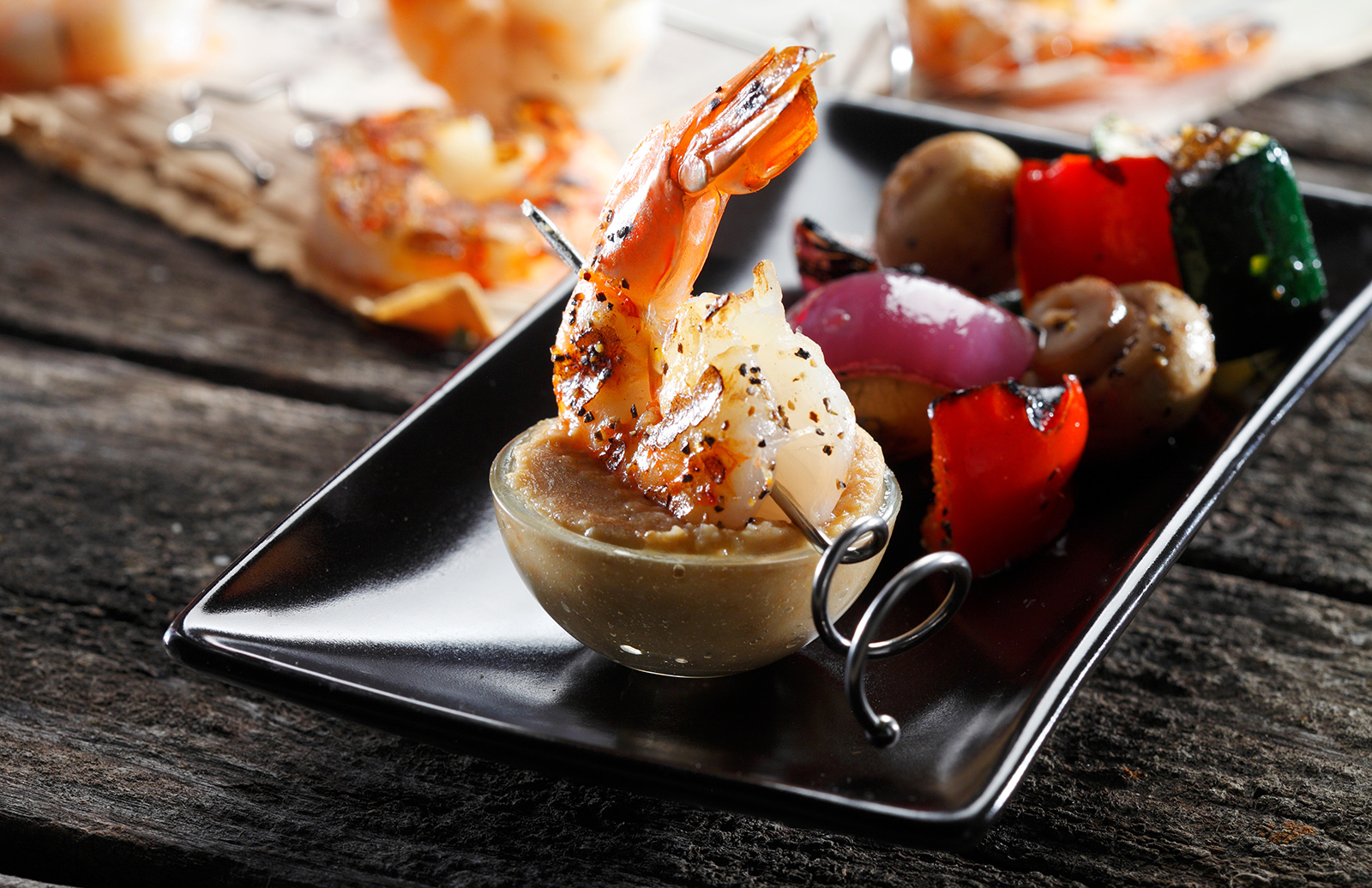 Grilled Shrimp Kabobs with Miso Infused Lentil Sauce