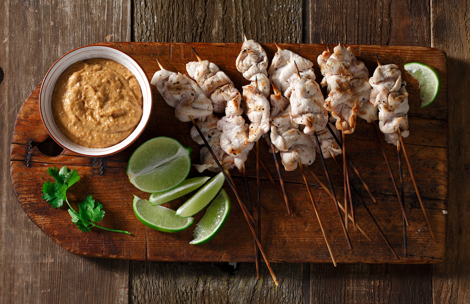 Lentil Peanut Sauce with Cracked Pepper & Lime Chicken Satays