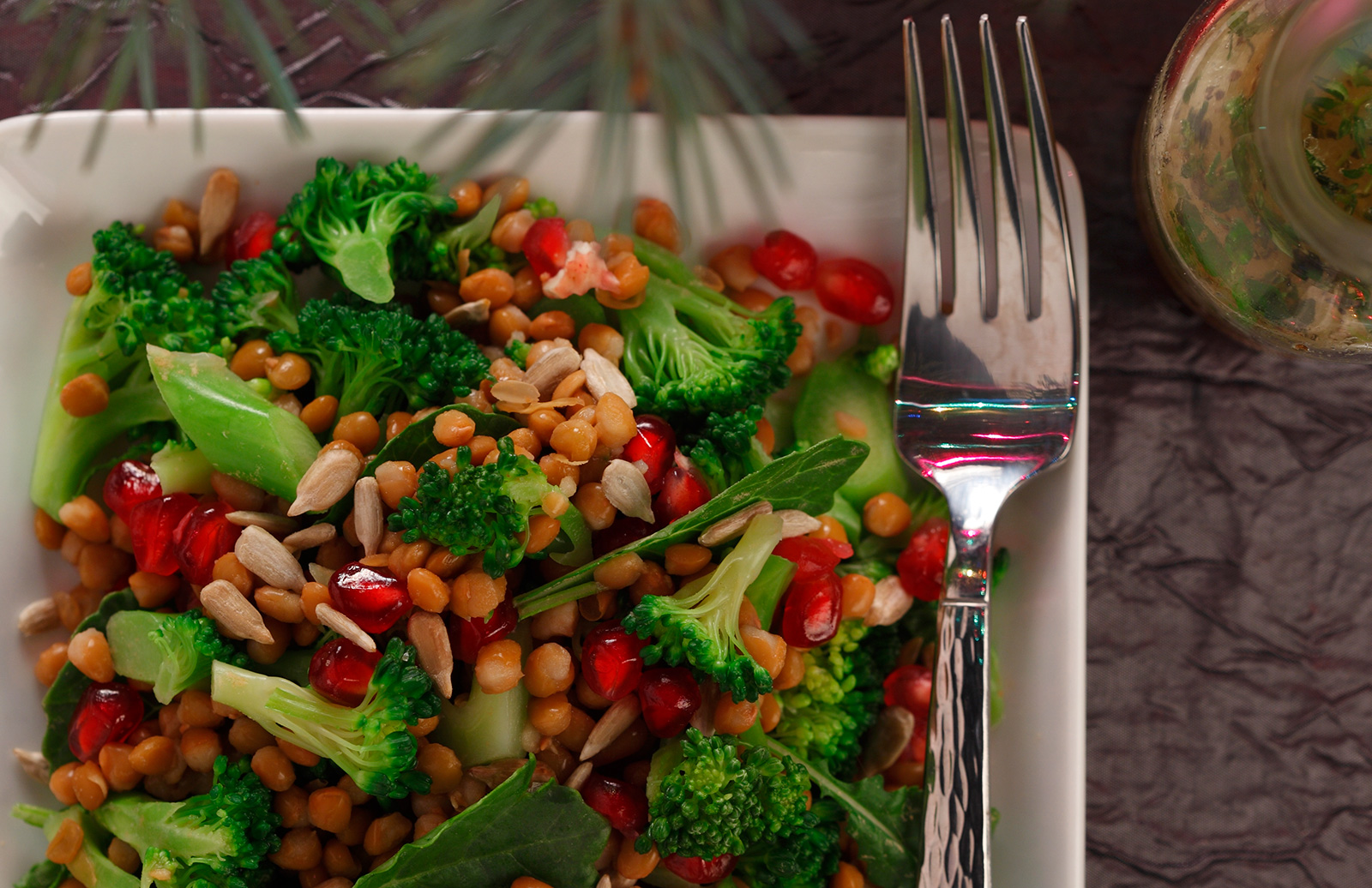 Lentil, Pomegranate & Broccoli Chopped Salad with White Wine Vinaigrette