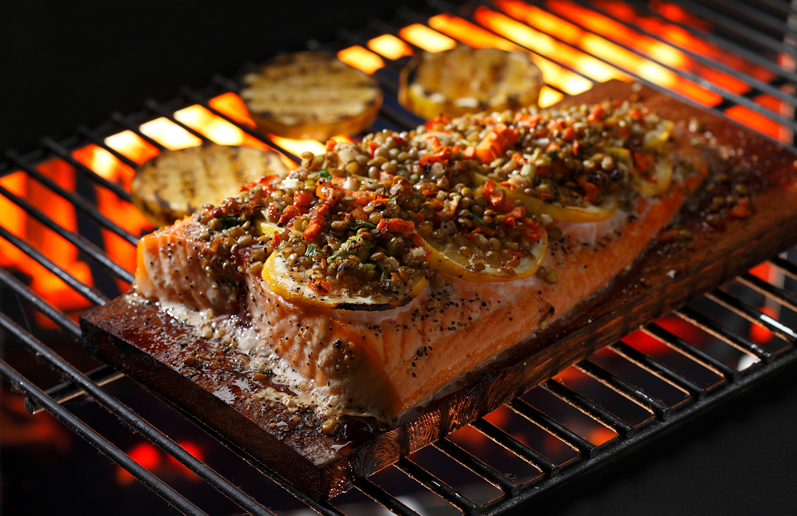 Planked Salmon with Lentils
