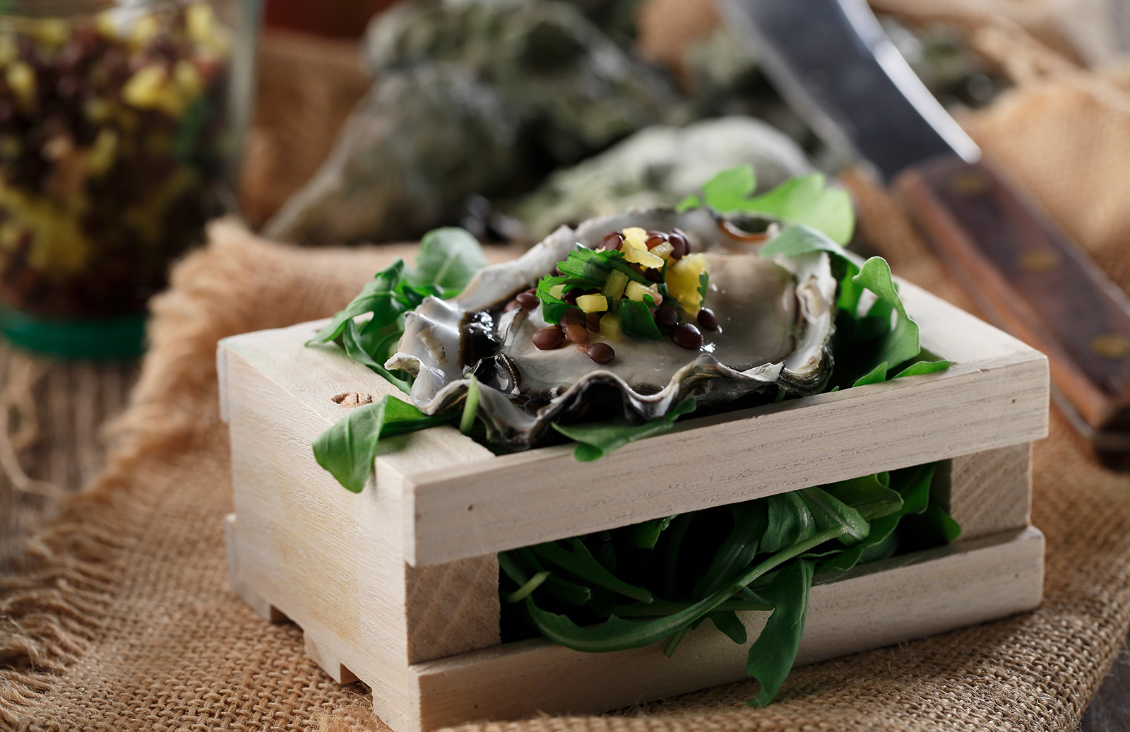 Raw Oysters with Mango & Lentil Pearls