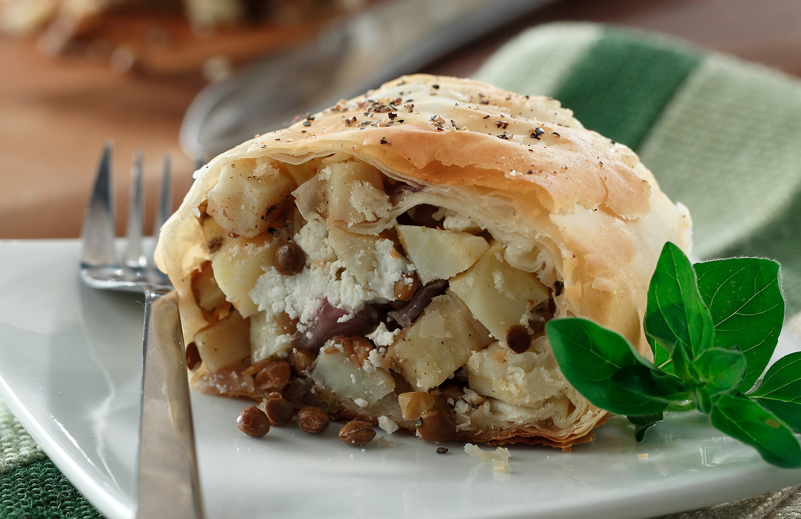 Roasted Yam & Lentil Phyllo Roll with Goat Cheese