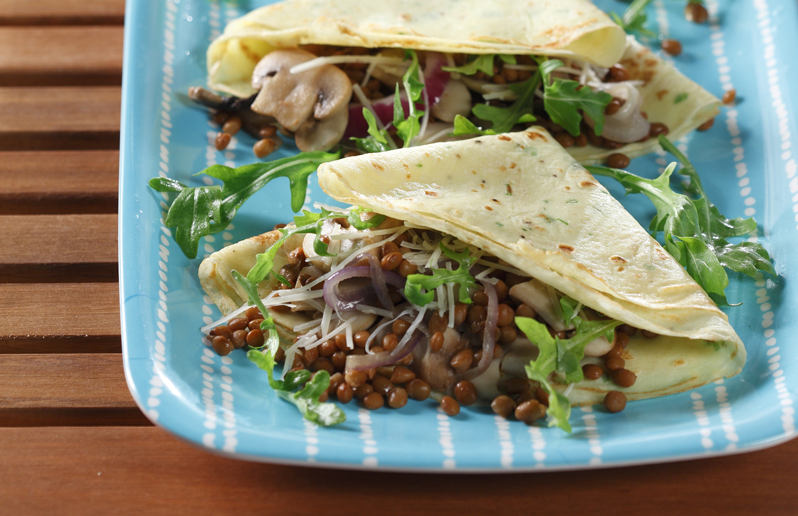 Savoury Crepes with Caramelized Onion, Lentils, & Asiago Cheese