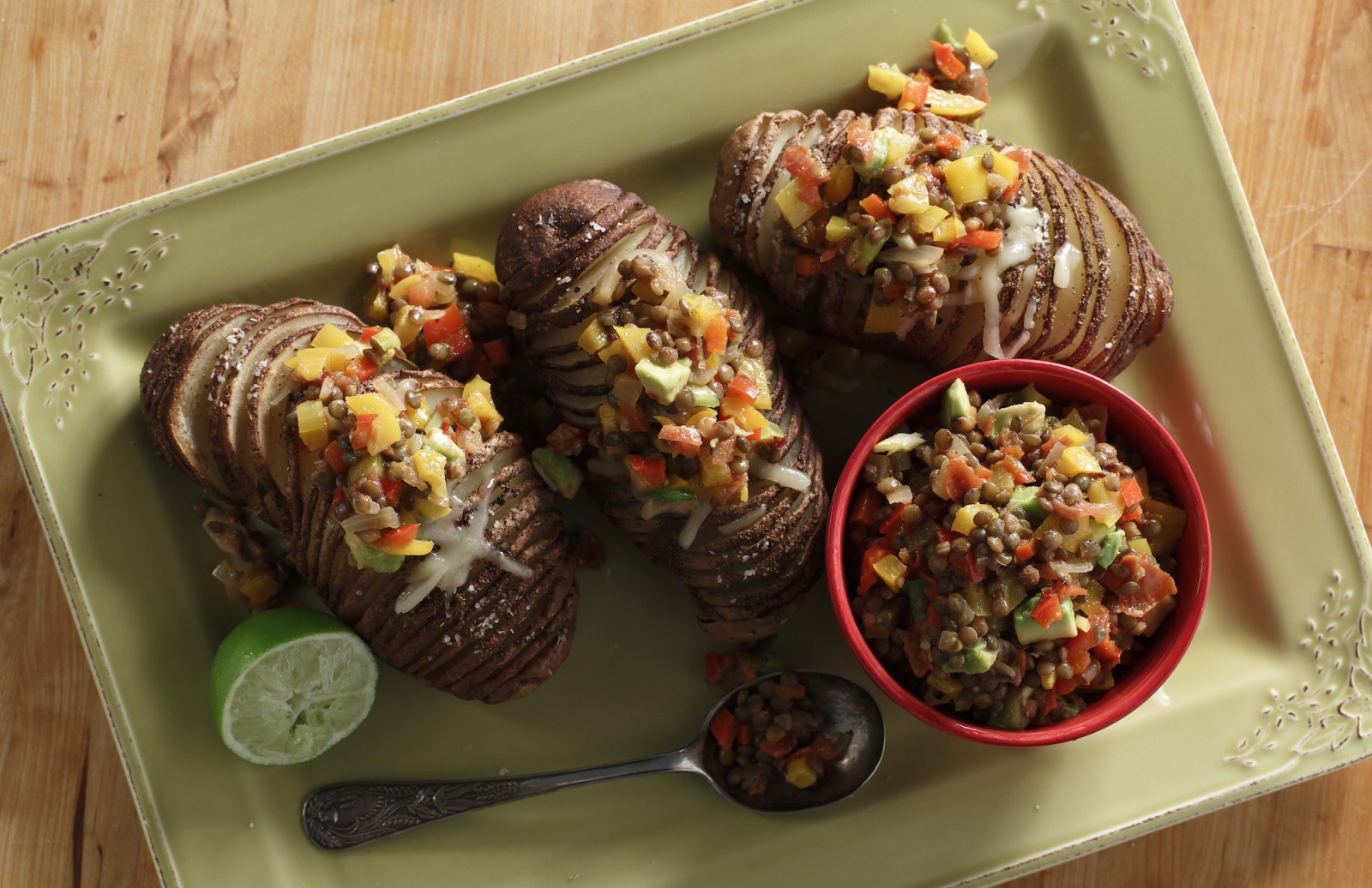 Accordion Potatoes with Chipotle Lentil & Pepper Topping