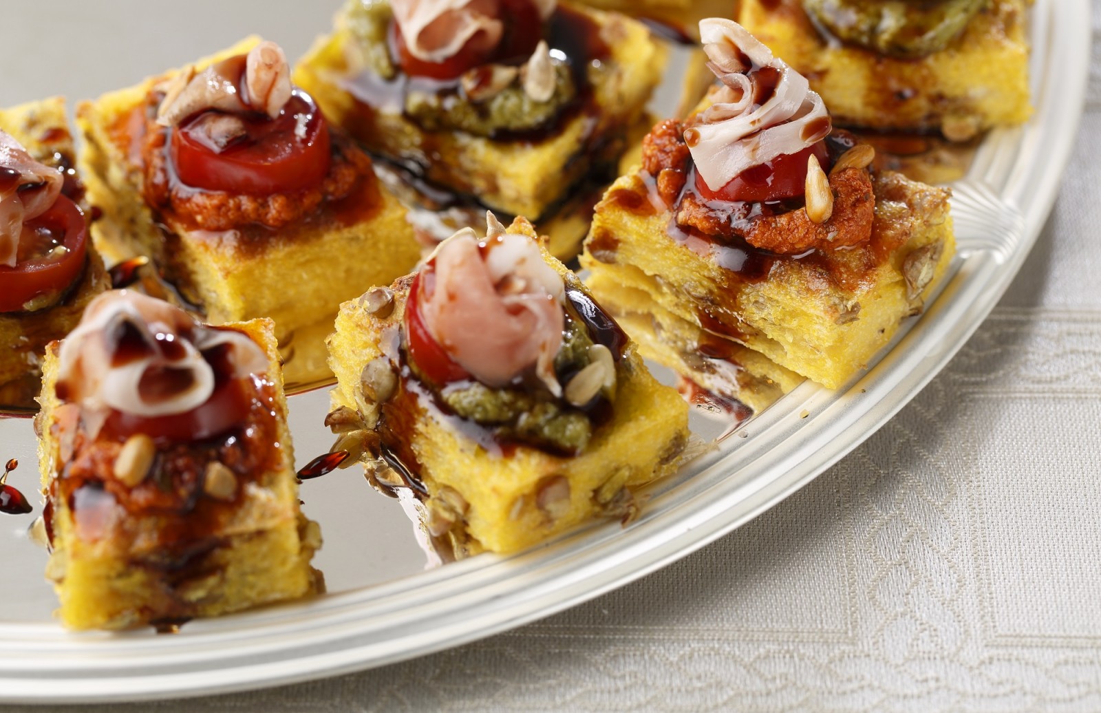 Lentil Polenta Squares with Pesto & Prosciutto