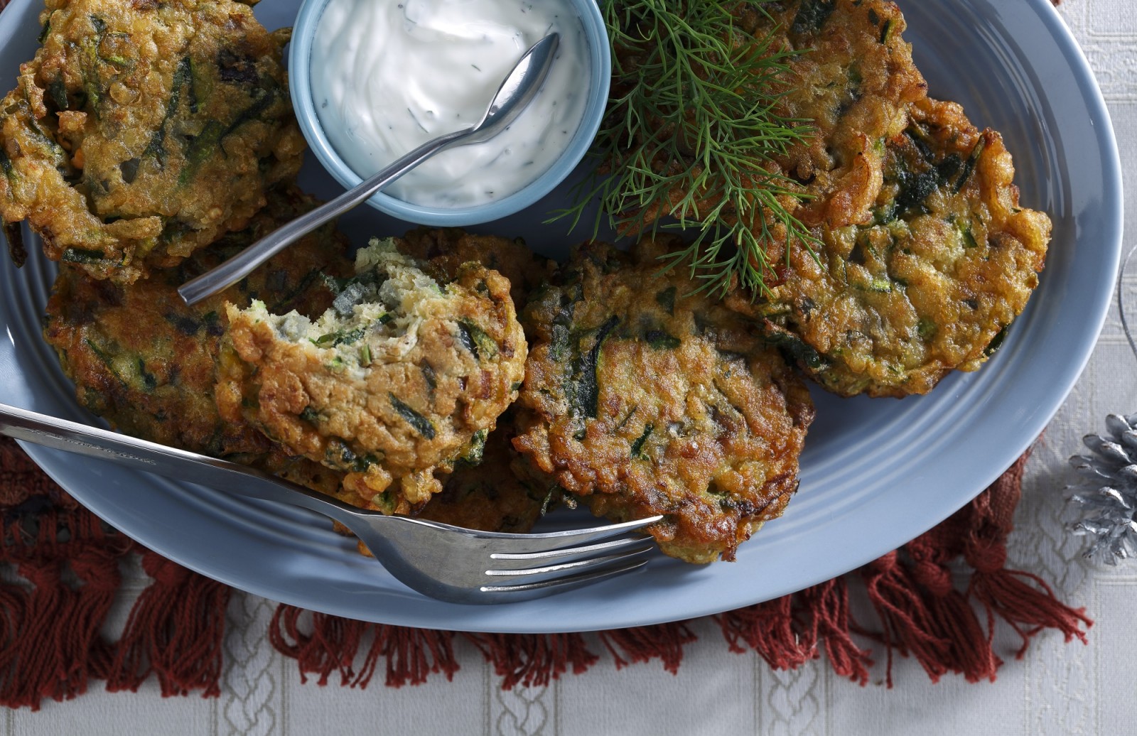 Zucchini Lentil Fritters with Dill Sour Cream