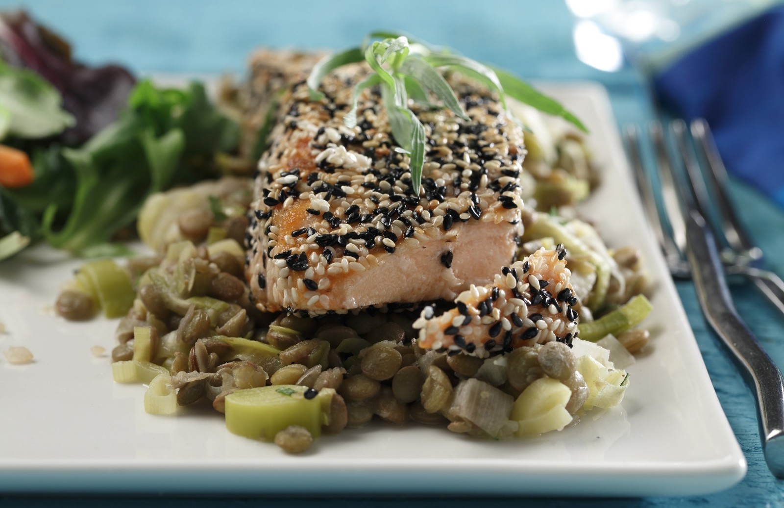 Seared Sesame Salmon with Stewed Lentils & Leek