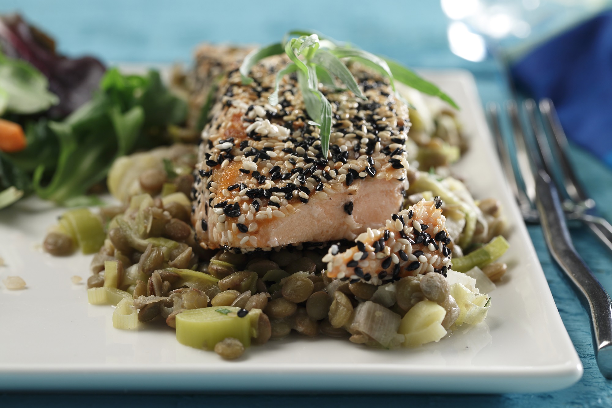 Seared Sesame Salmon with Stewed Lentils & Leek