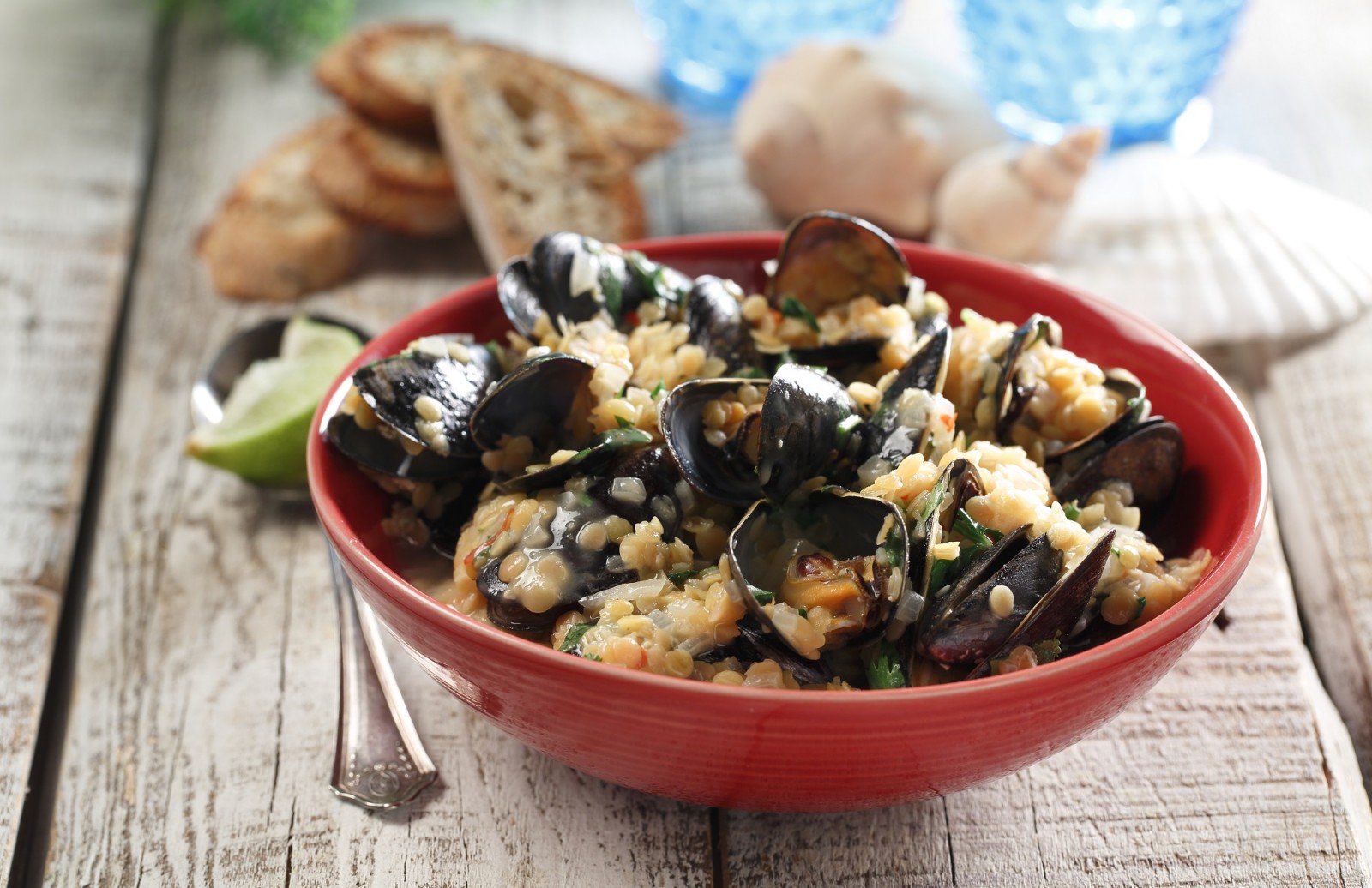 Steamed Mussels with Coconut Sweet Chili Lentils