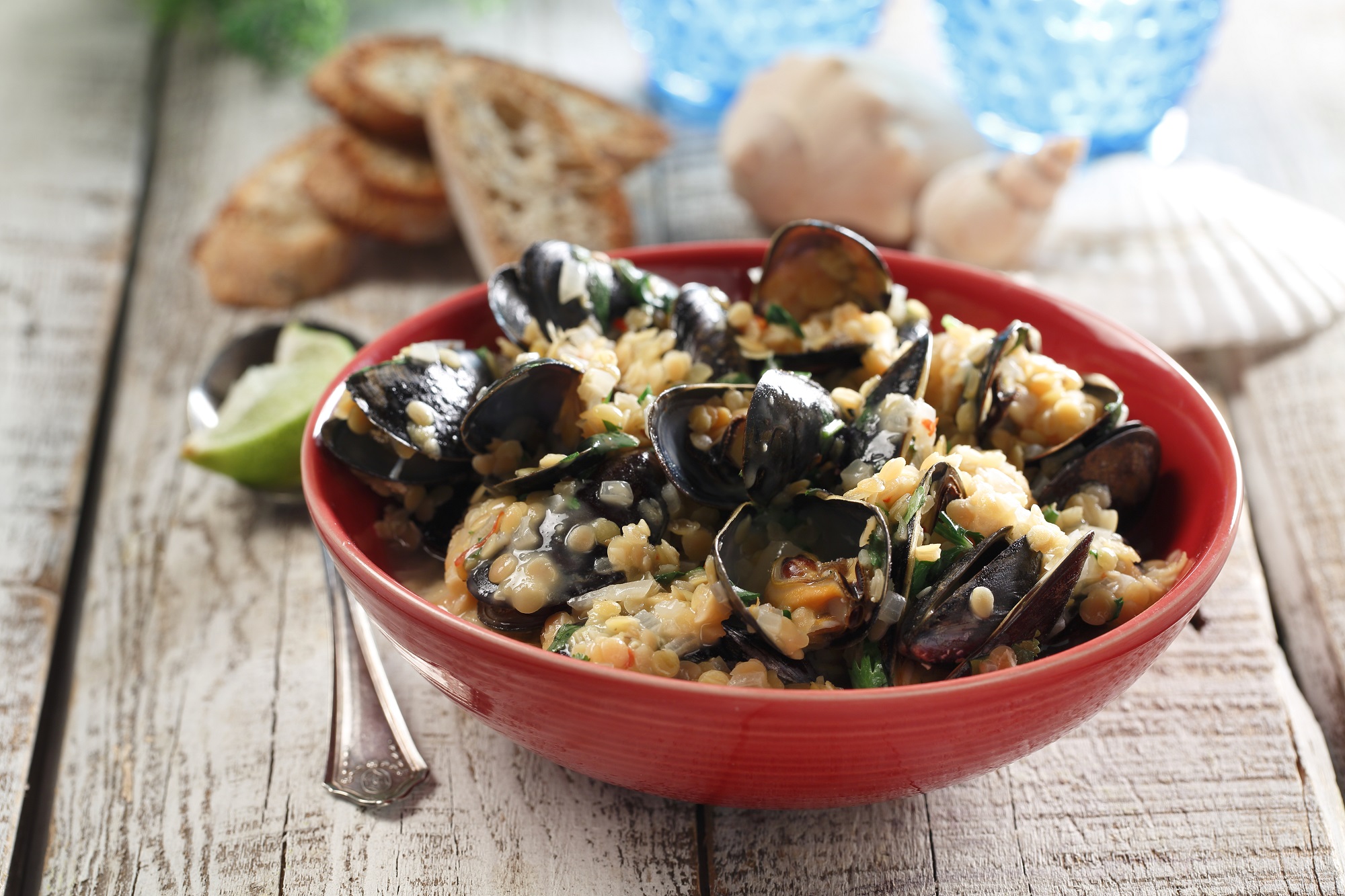 Steamed Mussels with Coconut Sweet Chili Lentils