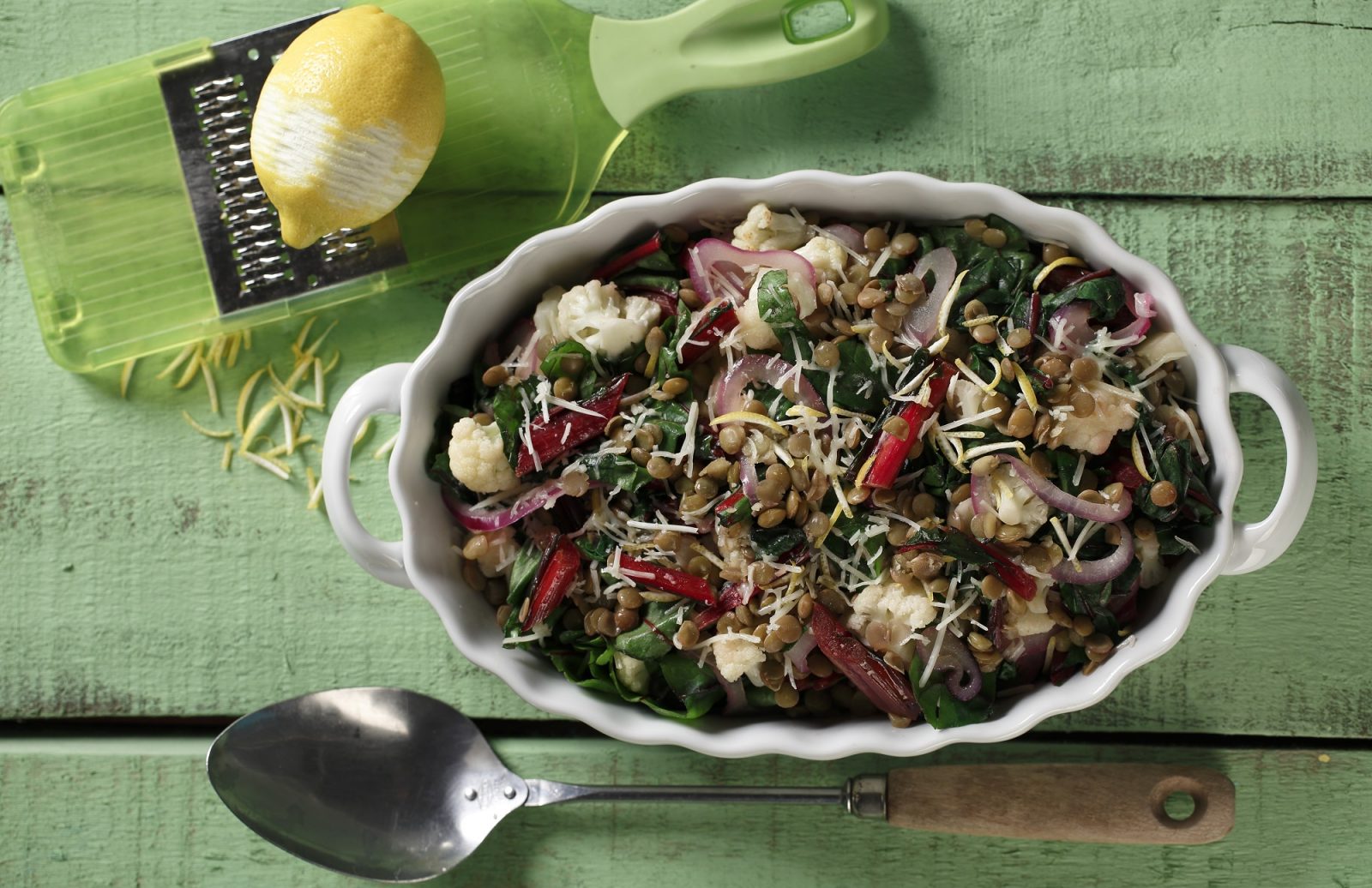 Sautéed Swiss Chard with Cauliflower, Lentils & Parmesan