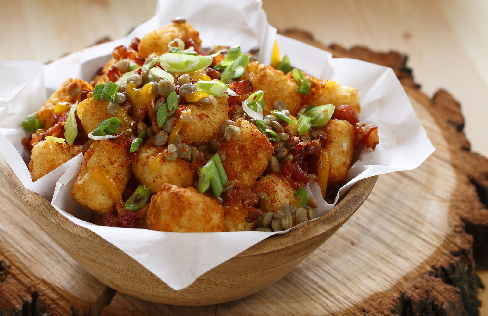 Crispy Tater Tots with Lentils & Bacon