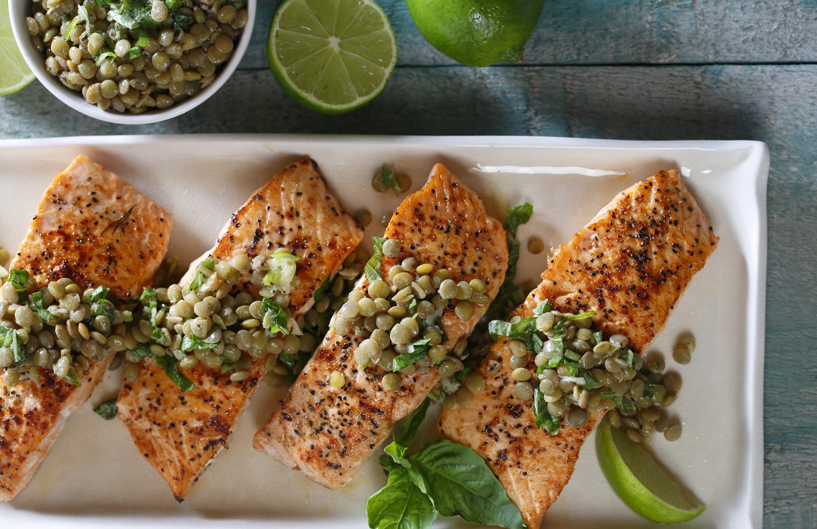 Seared Salmon with Basil Lentil Gremolata