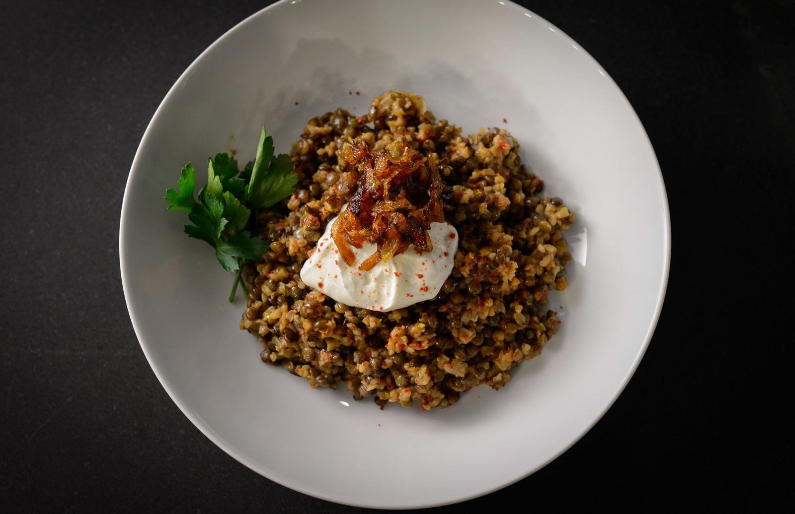 Lentil & Bulgur Pilaf with Yogurt & Fried Onions