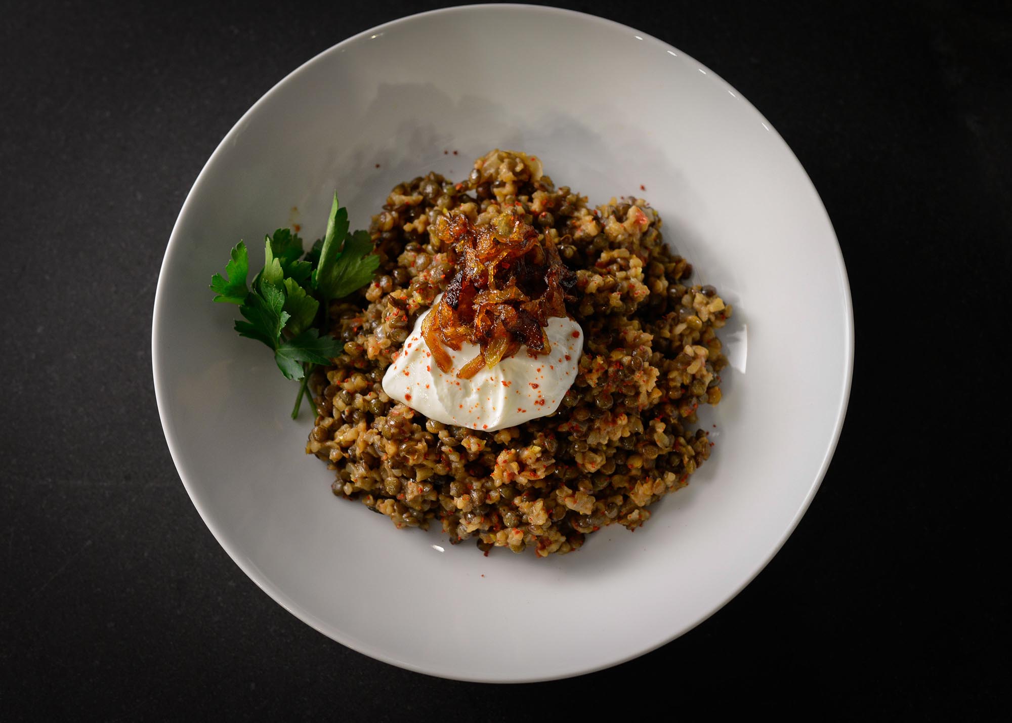 Lentil & Bulgur Pilaf with Yogurt & Fried Onions