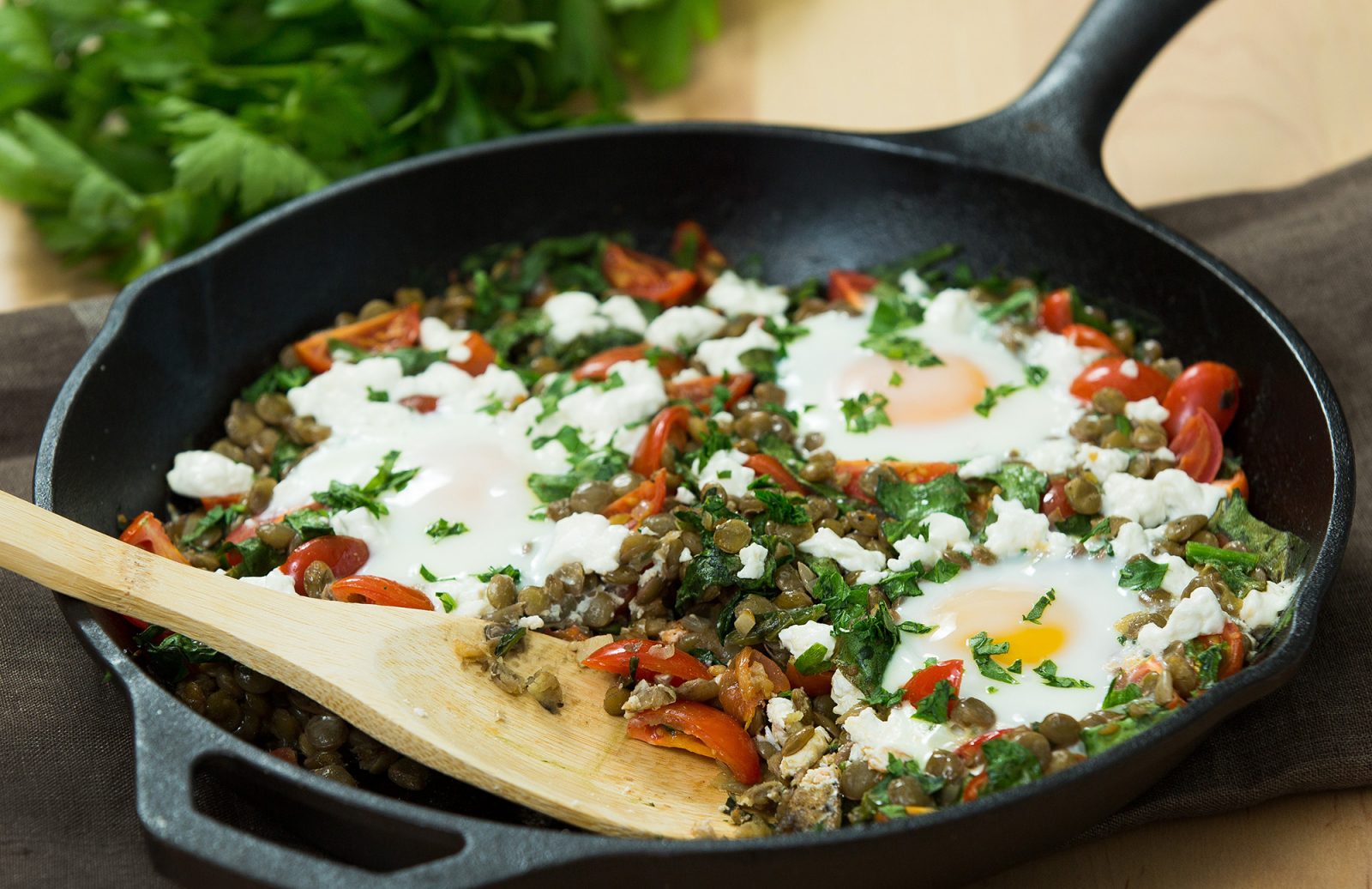 Herbed Lentil Skillet with Spinach, Tomatoes, Feta & Egg