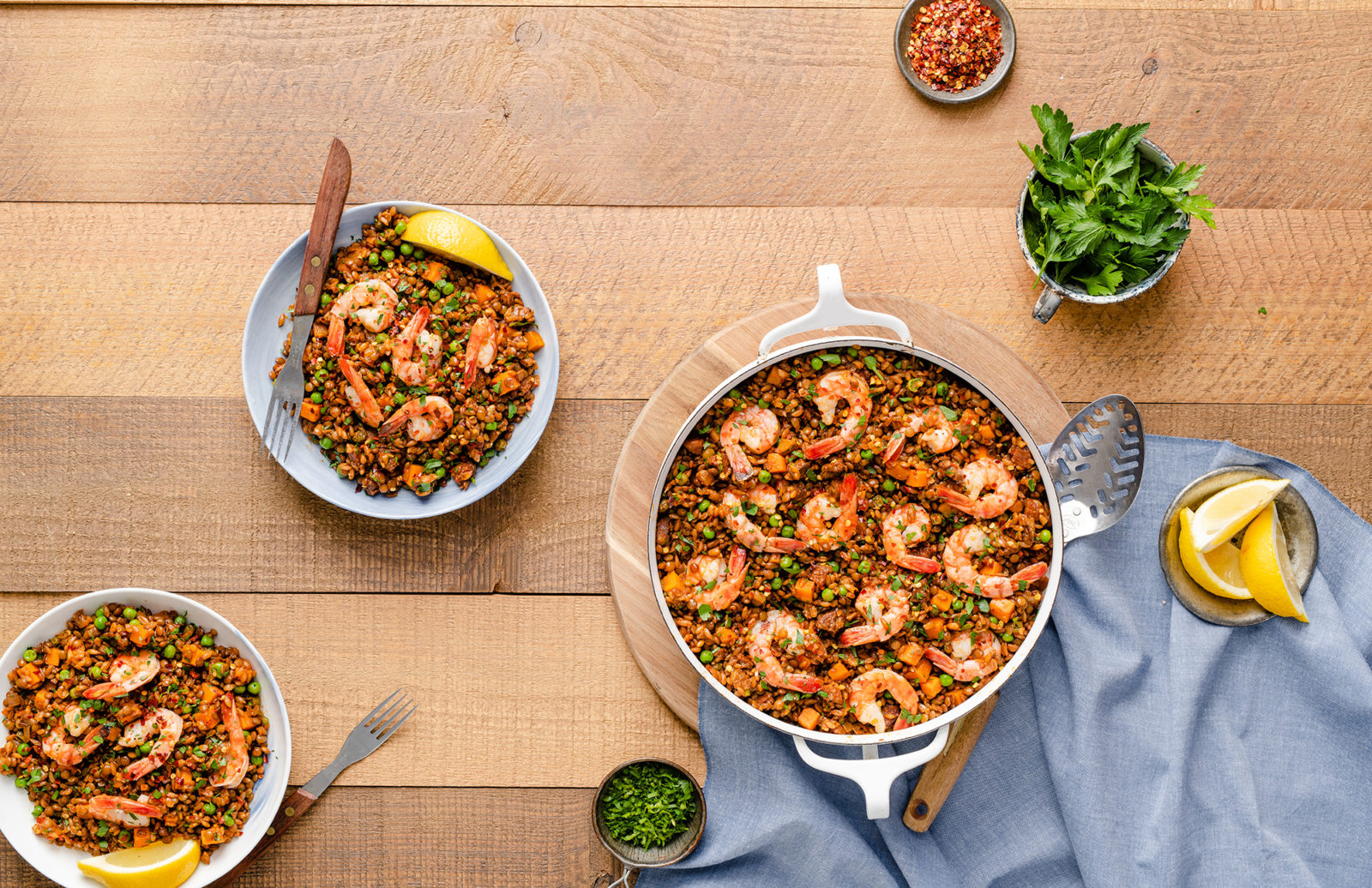 Lentil, Farro & Shrimp Paella Bowl