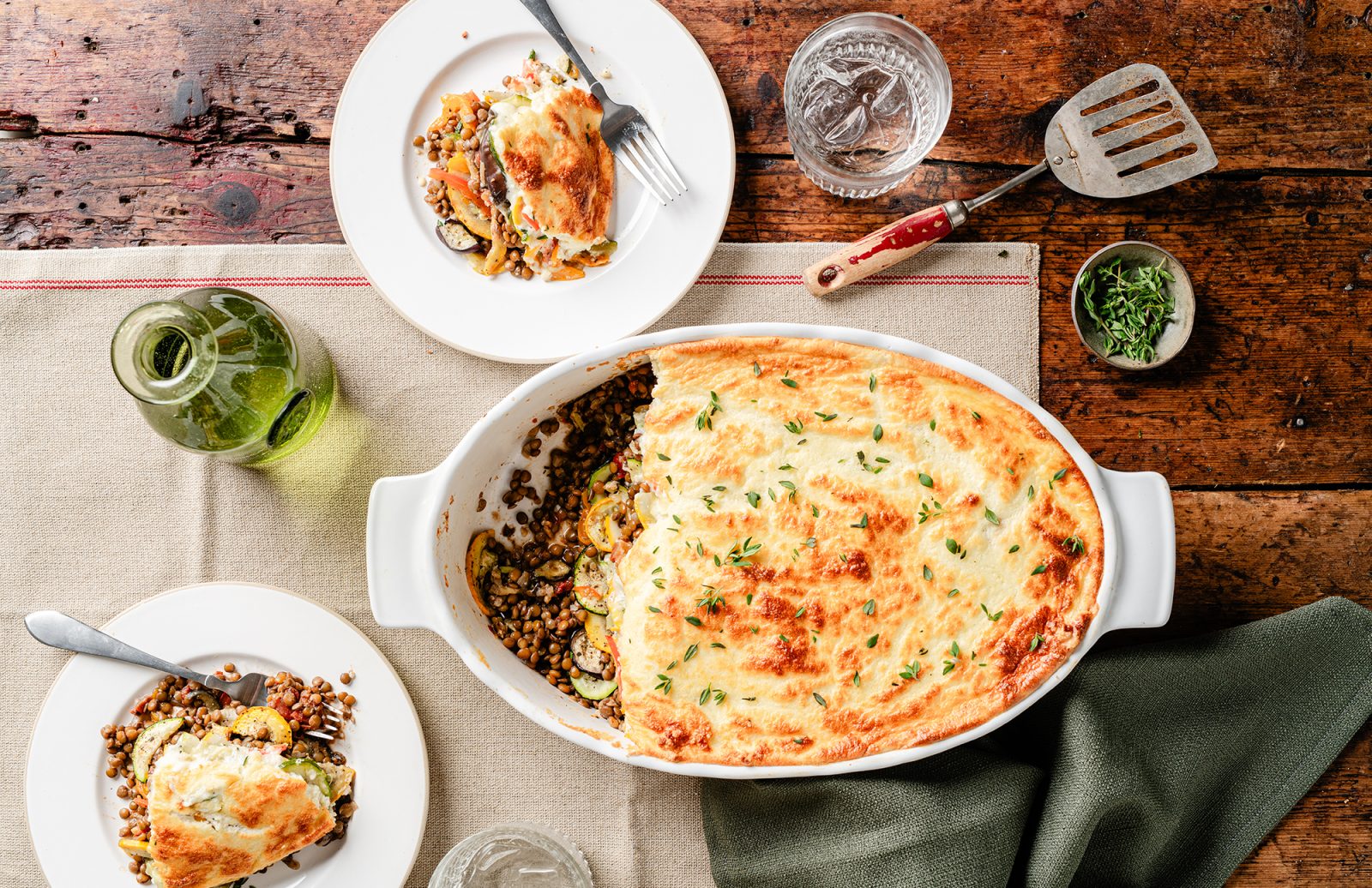 Tian with Spiced Lentils & Goat Cheese Soufflé (Provençal Baked Vegetables)
